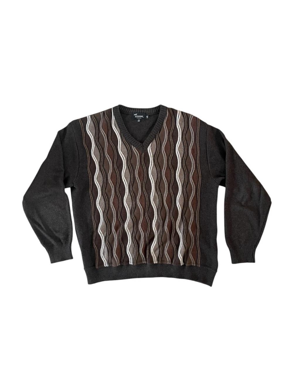 TOSANI Men’s Vintage 3D Knit V-Neck Sweater – Brown – Size Large – 100% Cotton